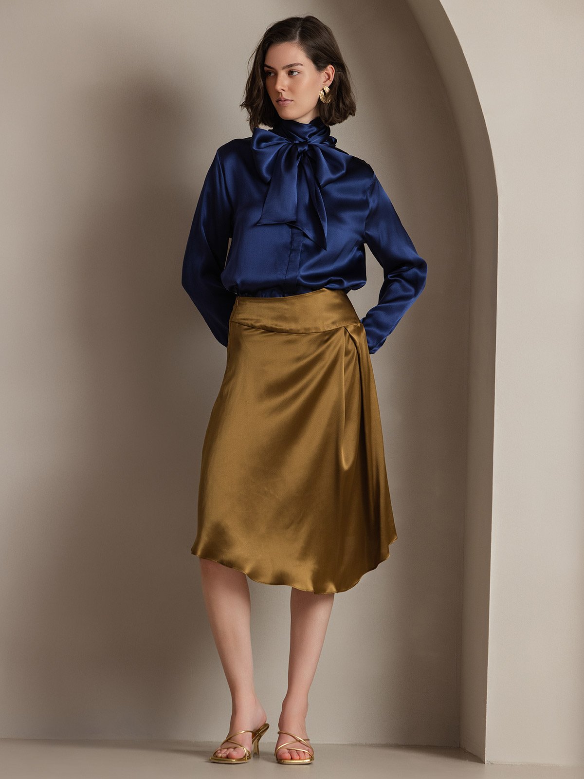 [Dark Blue] SilkSilky 19Momme Silk Long Sleeve Tie Neck Women's Shirt 001