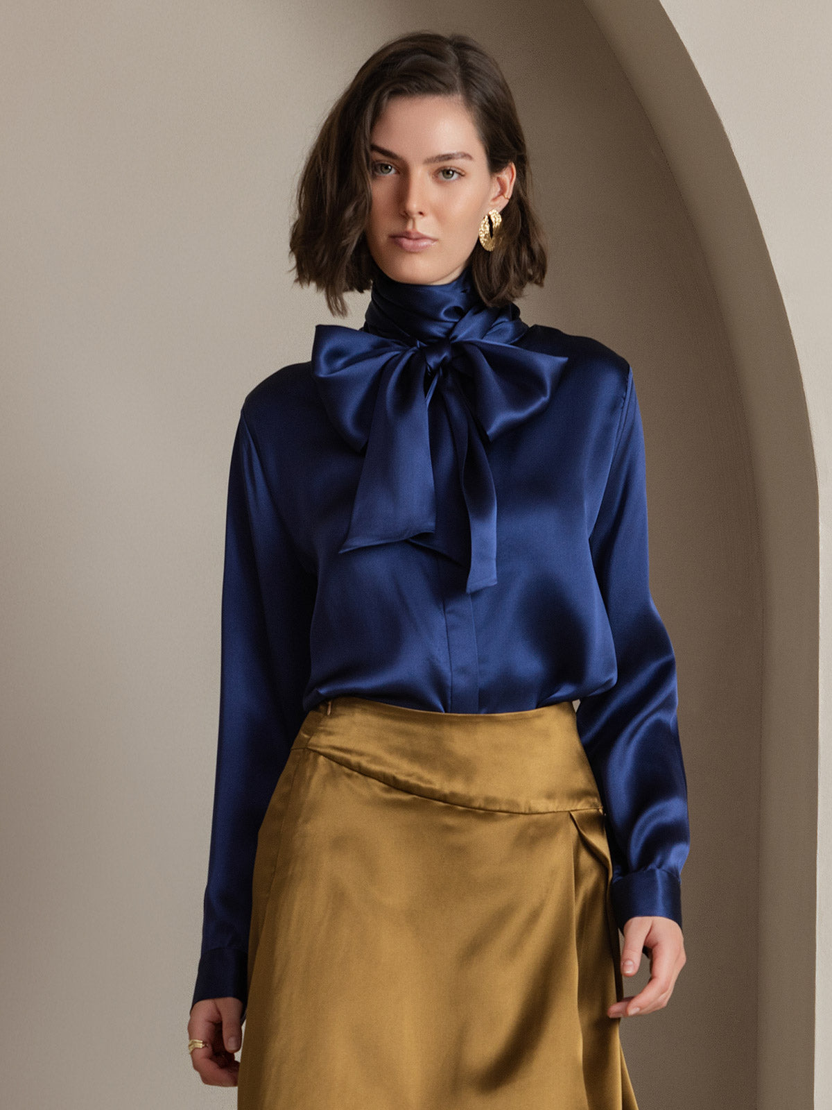 [Dark Blue] SilkSilky 19Momme Silk Long Sleeve Tie Neck Women's Shirt 001