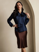 [Dark Blue] SilkSilky  19Momme Stretch Silk Charmeuse Long Sleeve Tie Neck Blouse 001