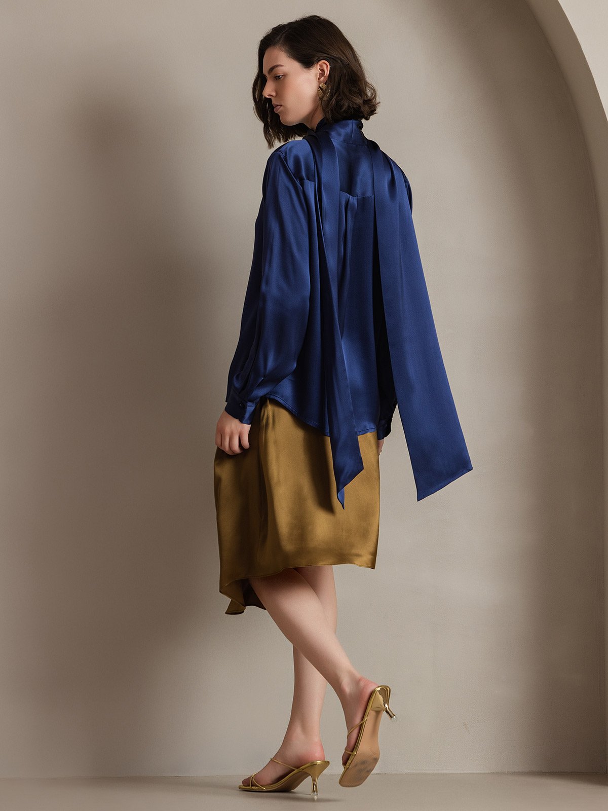 [Dark Blue] SilkSilky 19Momme Silk Long Sleeve Tie Neck Women's Shirt 002