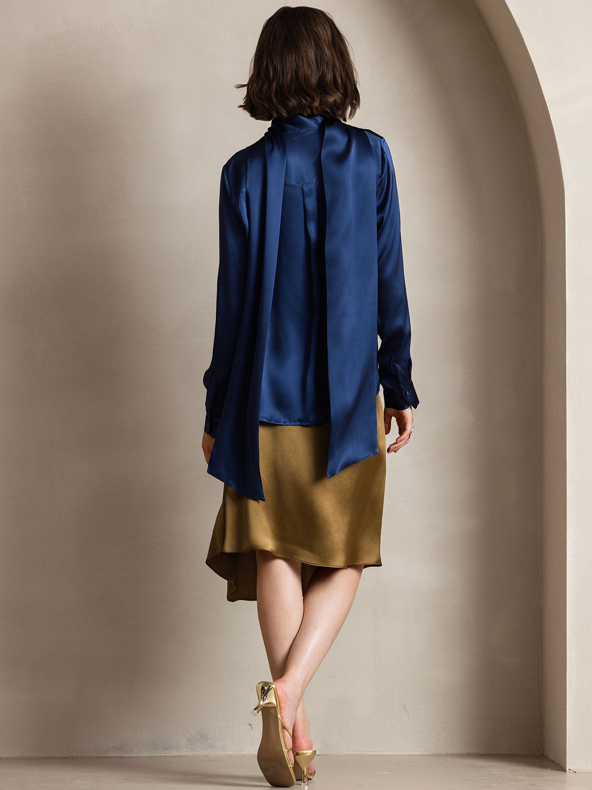 [Dark Blue] SilkSilky 19Momme Silk Long Sleeve Tie Neck Women's Shirt 002