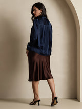 [Dark Blue] SilkSilky  19Momme Stretch Silk Charmeuse Long Sleeve Tie Neck Blouse 002