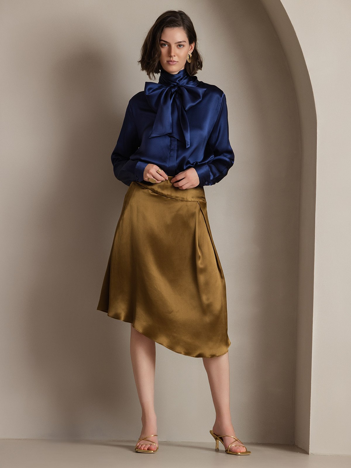 [Dark Blue] SilkSilky 19Momme Silk Long Sleeve Tie Neck Women's Shirt 003