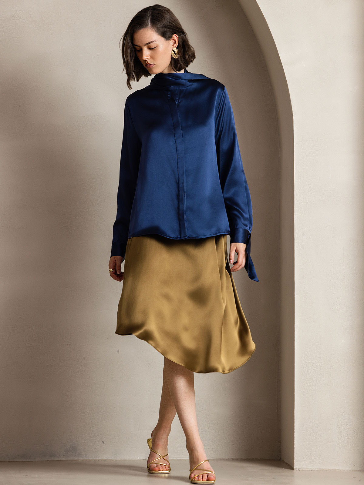 [Dark Blue] SilkSilky 19Momme Silk Long Sleeve Tie Neck Women's Shirt 003