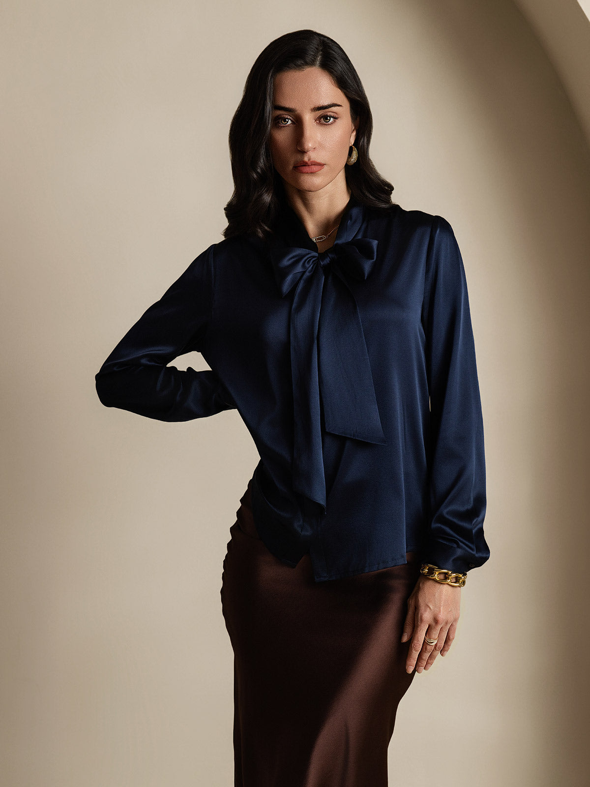 [Dark Blue] SilkSilky 19Momme Silk Long Sleeve Tie Neck Women's Shirt 003