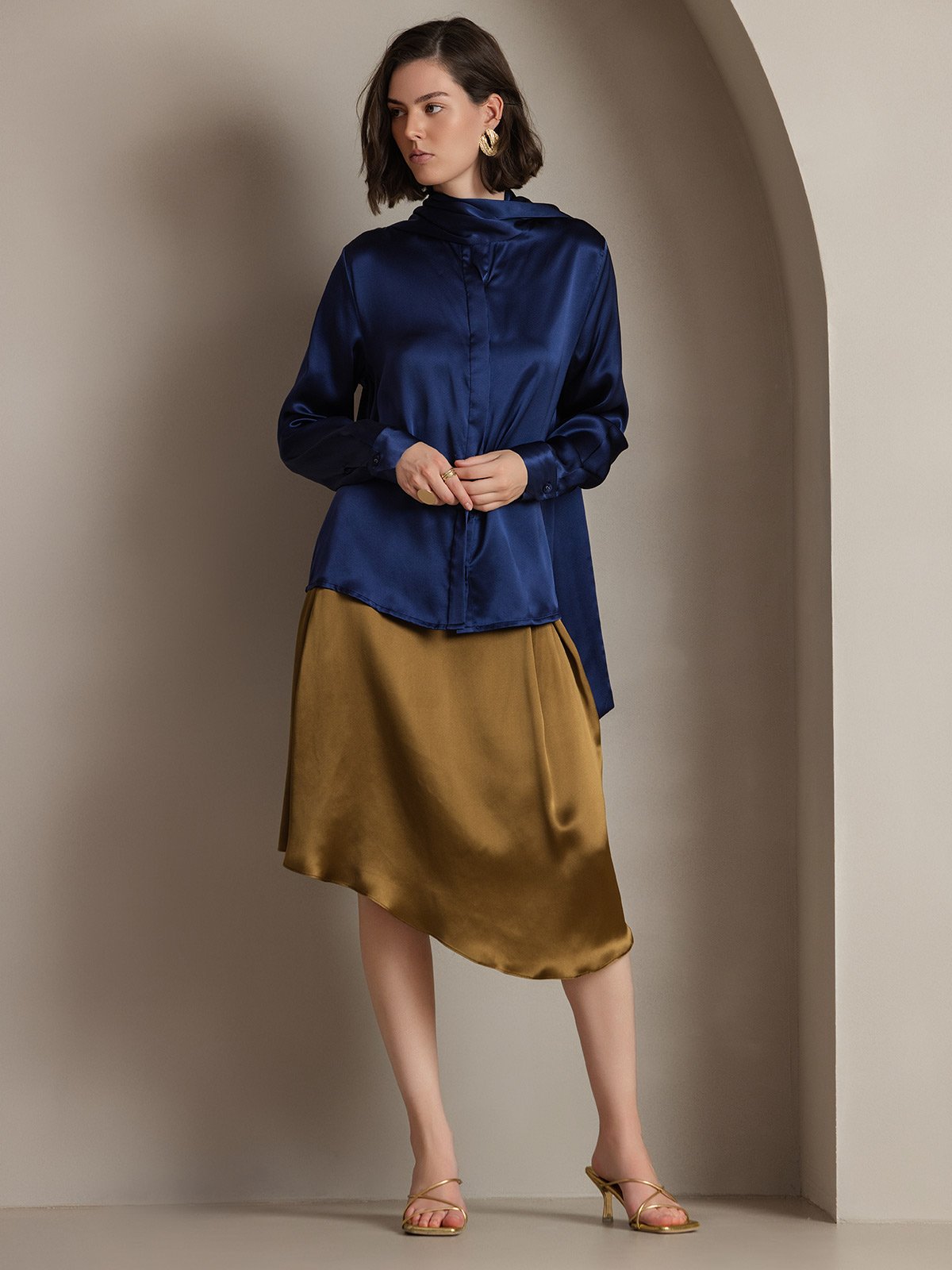 [Dark Blue] SilkSilky 19Momme Silk Long Sleeve Tie Neck Women's Shirt 004