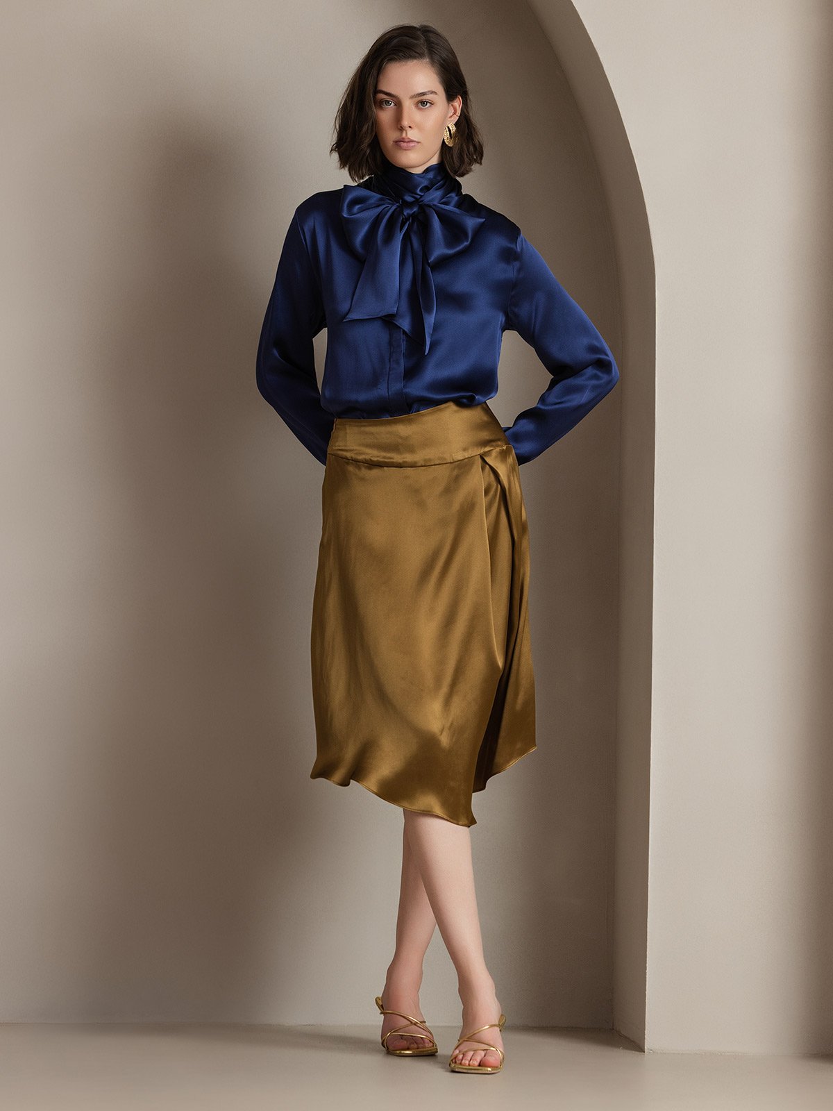 [Dark Blue] SilkSilky 19Momme Silk Long Sleeve Tie Neck Women's Shirt 005