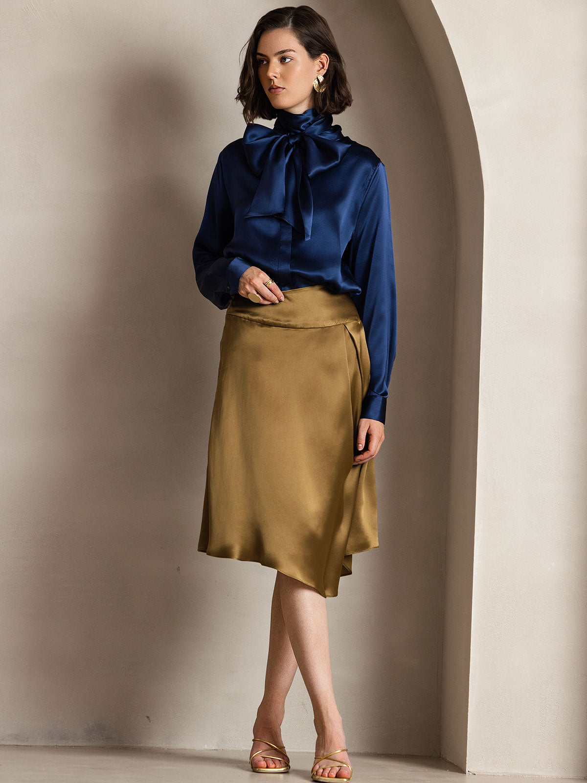 [Dark Blue] SilkSilky 19Momme Silk Long Sleeve Tie Neck Women's Shirt 005