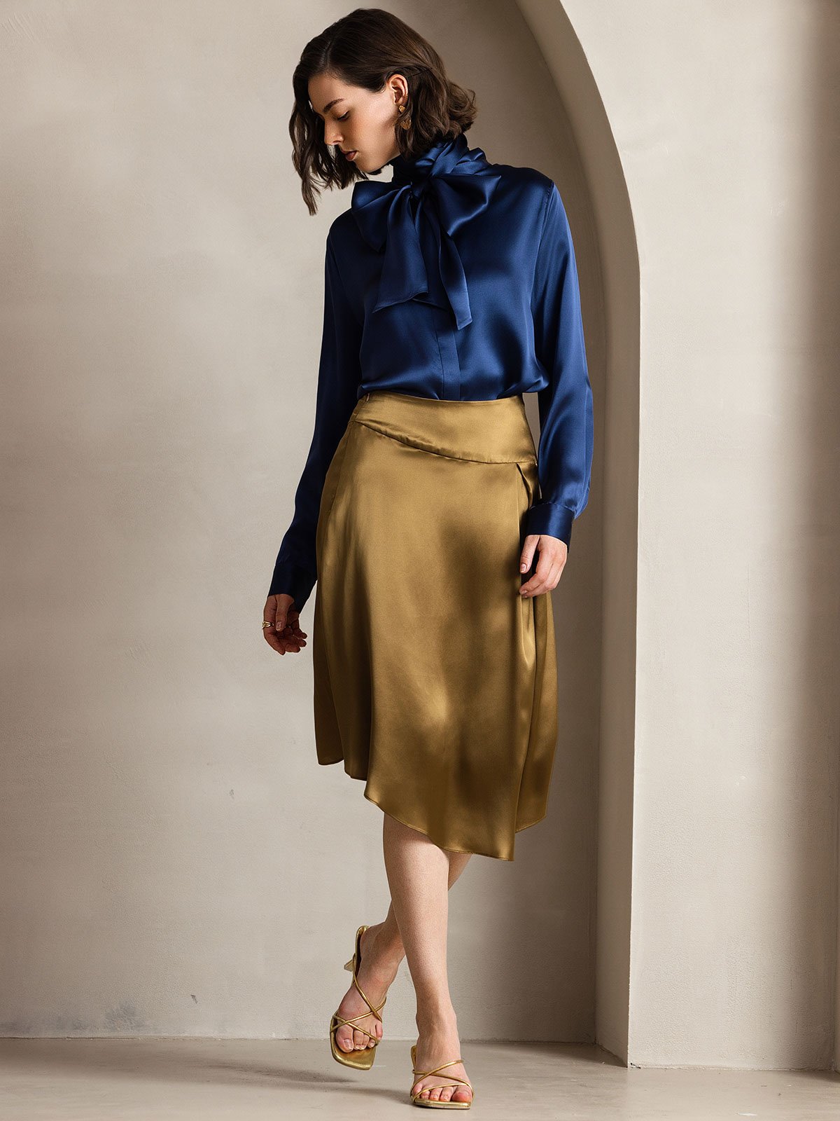 [Dark Blue] SilkSilky 19Momme Silk Long Sleeve Tie Neck Women's Shirt 006