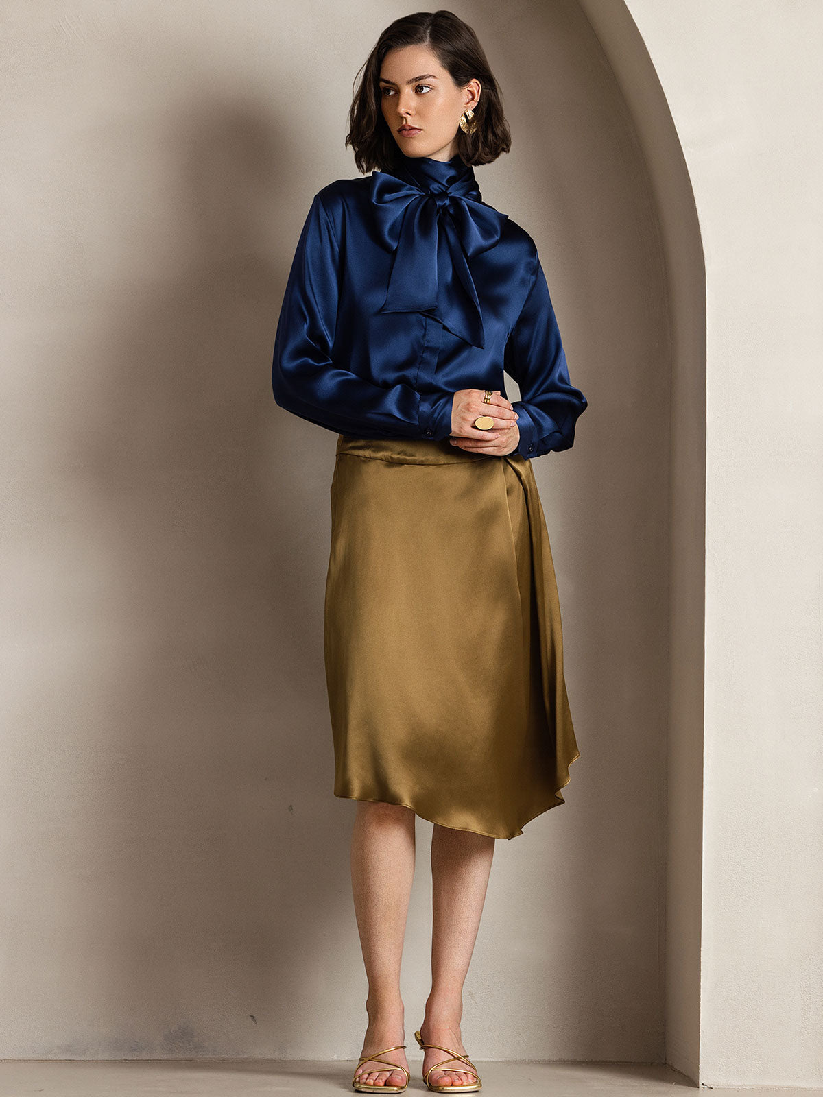 [Dark Blue] SilkSilky 19Momme Silk Long Sleeve Tie Neck Women's Shirt 006