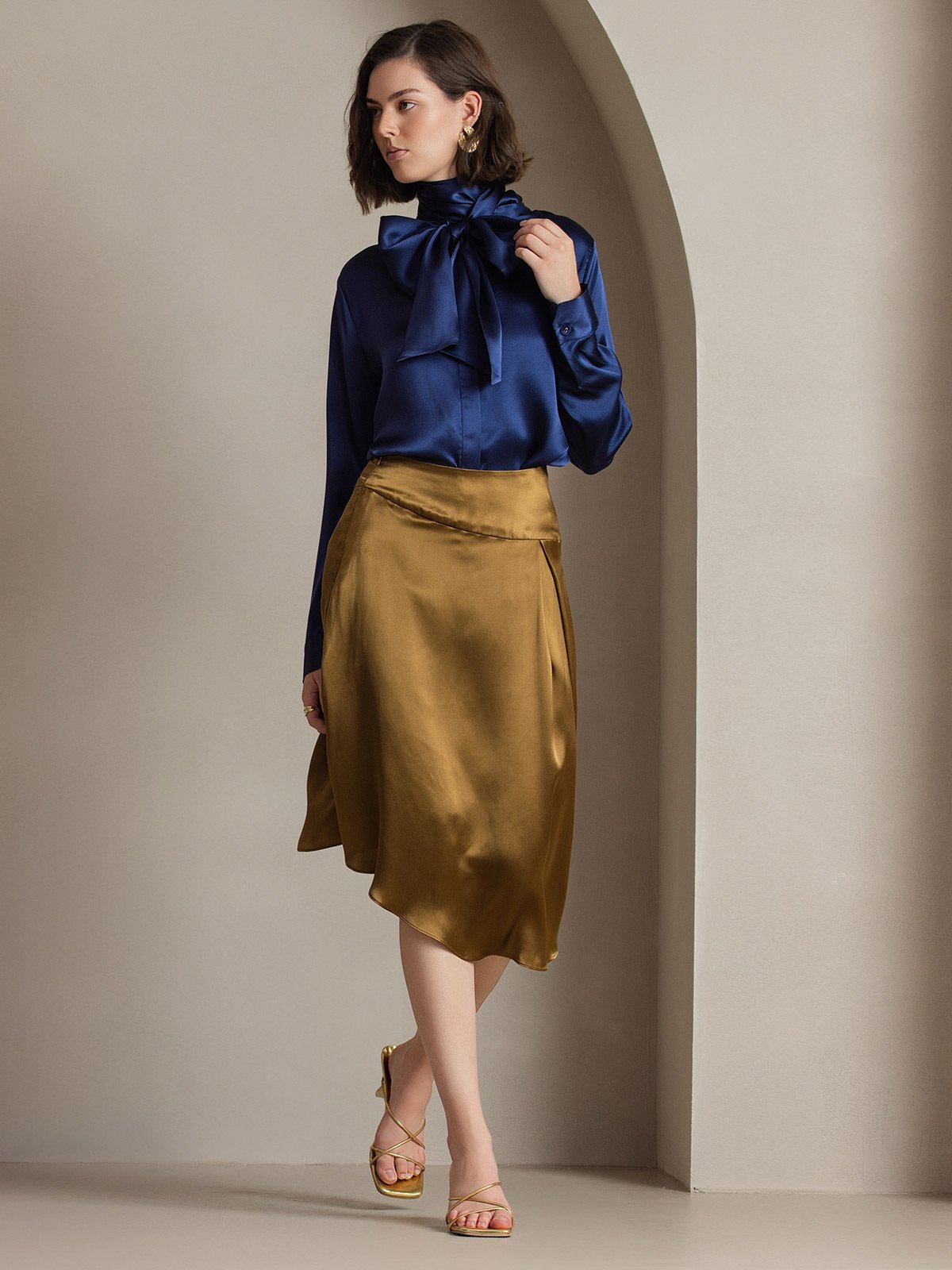 [Dark Blue] SilkSilky 19Momme Silk Long Sleeve Tie Neck Women's Shirt 007