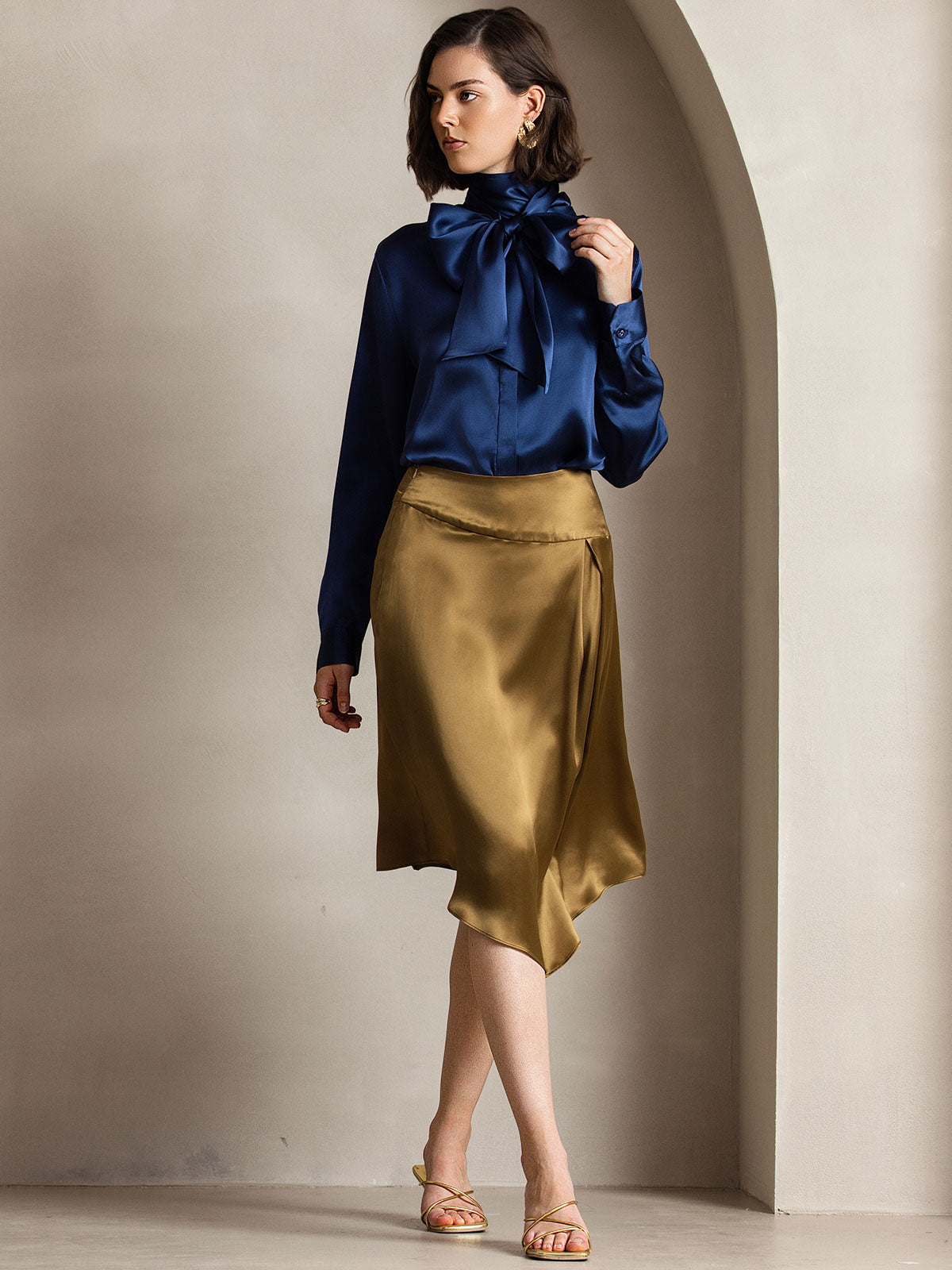 [Dark Blue] SilkSilky 19Momme Silk Long Sleeve Tie Neck Women's Shirt 007