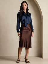 [Dark Blue] SilkSilky  19Momme Stretch Silk Charmeuse Long Sleeve Tie Neck Blouse 007