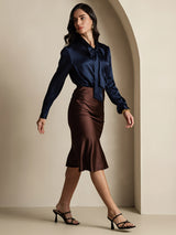 [Dark Blue] SilkSilky  19Momme Stretch Silk Charmeuse Long Sleeve Tie Neck Blouse 008
