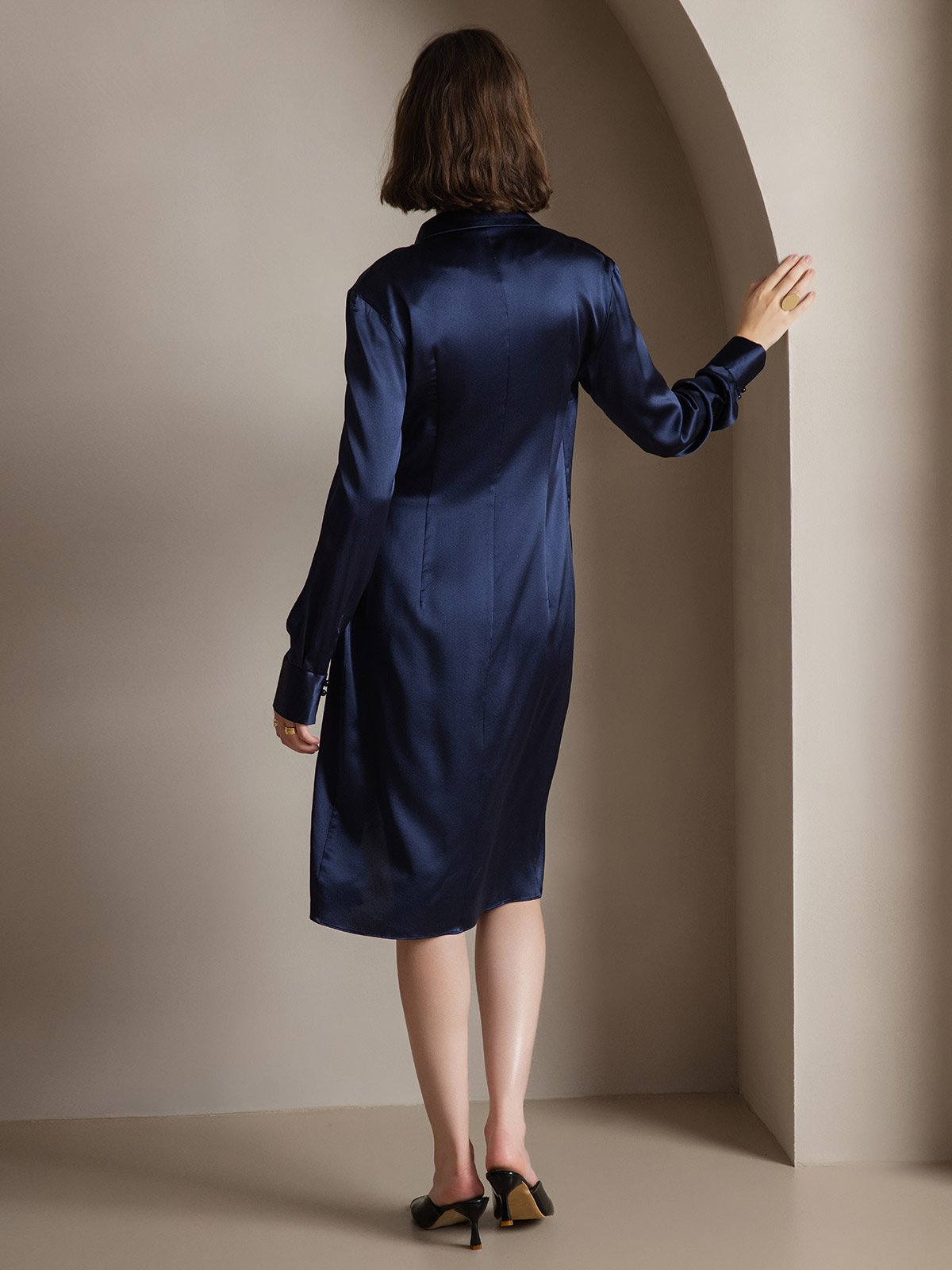 [Dark Blue] SilkSilky 19Momme Silk Long Sleeve V Neck Dress 002