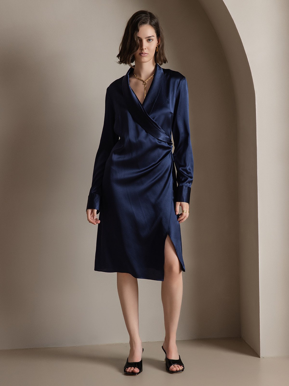[Dark Blue] SilkSilky 19Momme Silk Long Sleeve V Neck Dress 003