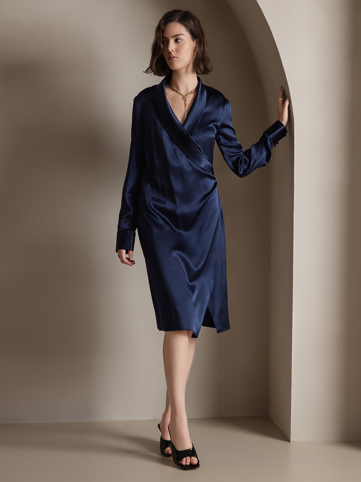 [Dark Blue] SilkSilky 19Momme Silk Long Sleeve V Neck Dress 005