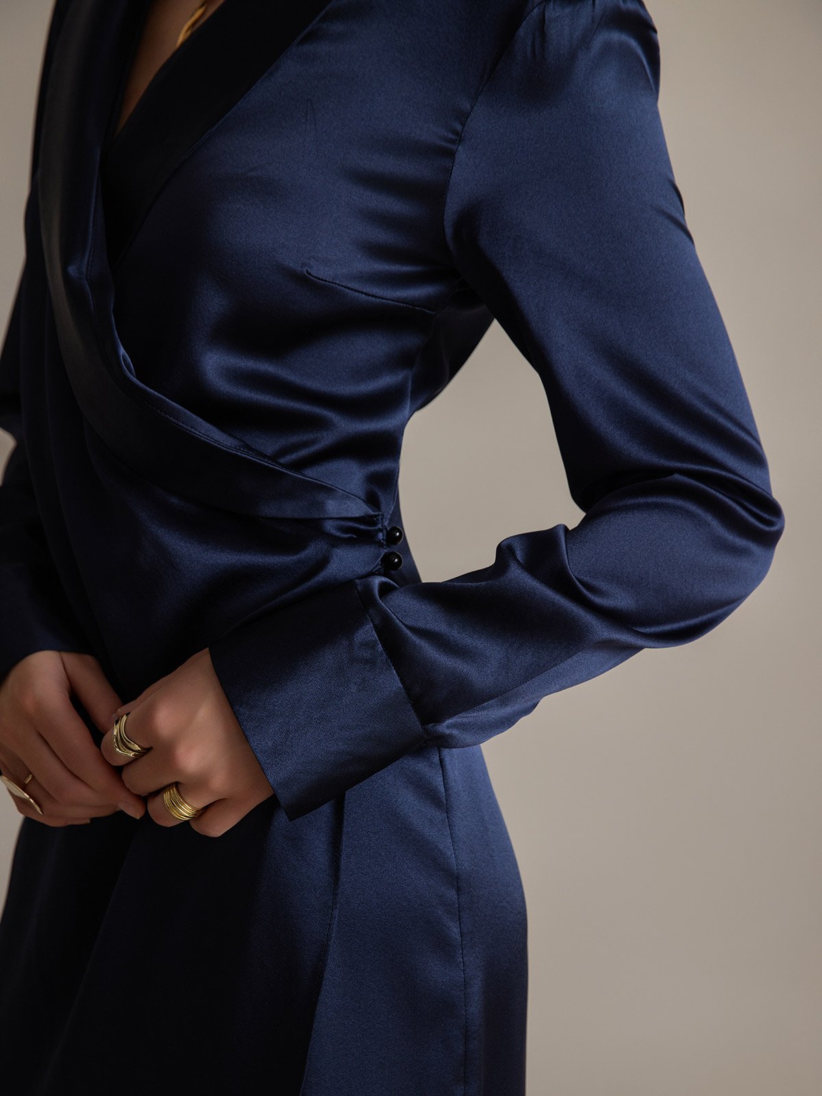 [Dark Blue] SilkSilky 19Momme Silk Long Sleeve V Neck Dress 007
