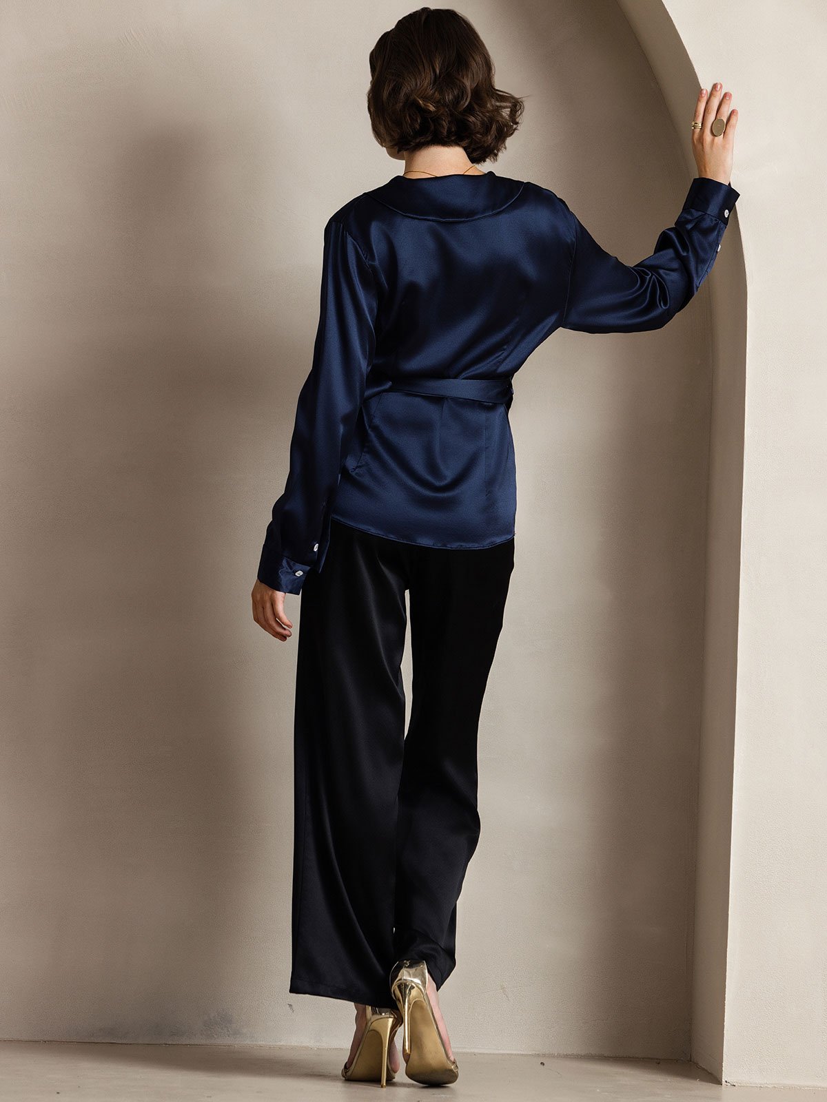 [Dark Blue] SilkSilky 19Momme Silk Long Sleeve V Neck Women's Shirt 002