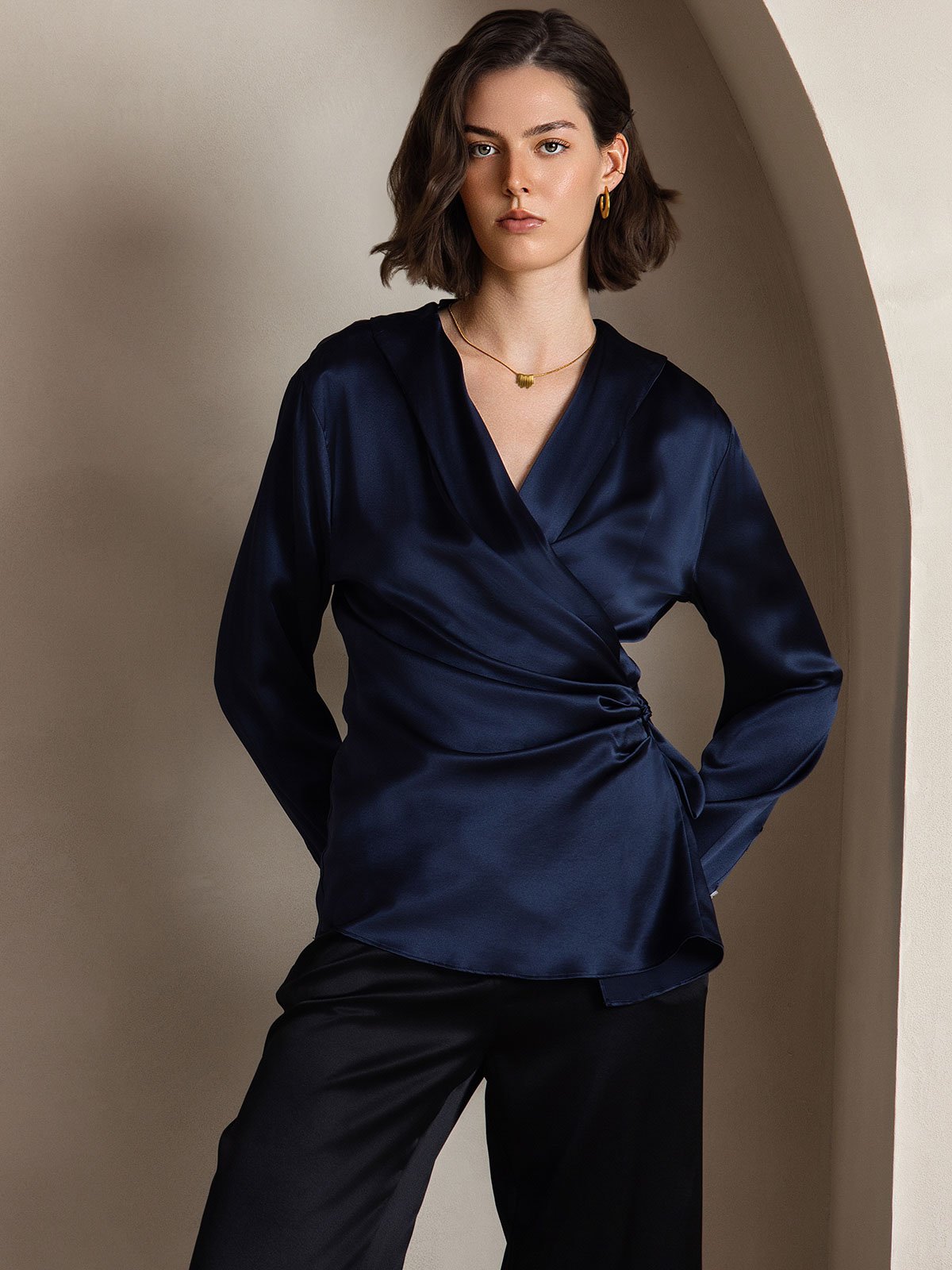 [Dark Blue] SilkSilky 19Momme Silk Long Sleeve V Neck Women's Shirt 003