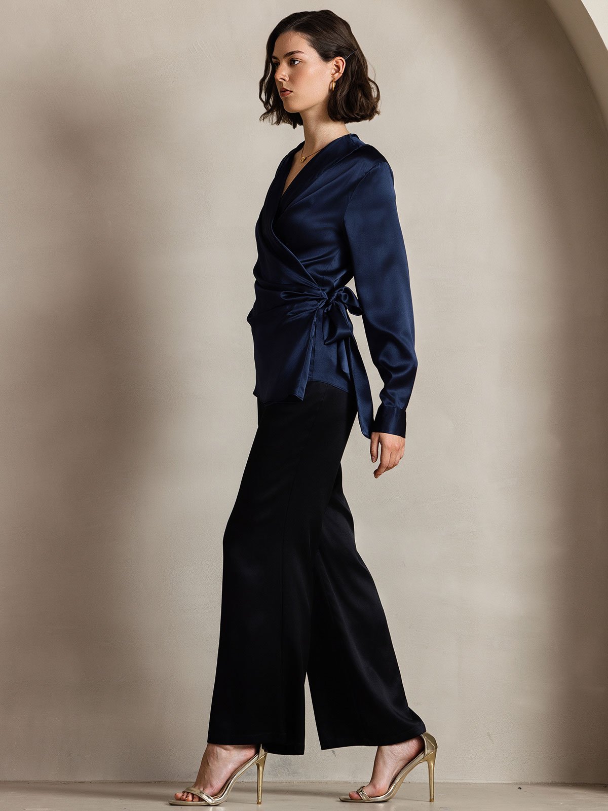 [Dark Blue] SilkSilky 19Momme Silk Long Sleeve V Neck Women's Shirt 004