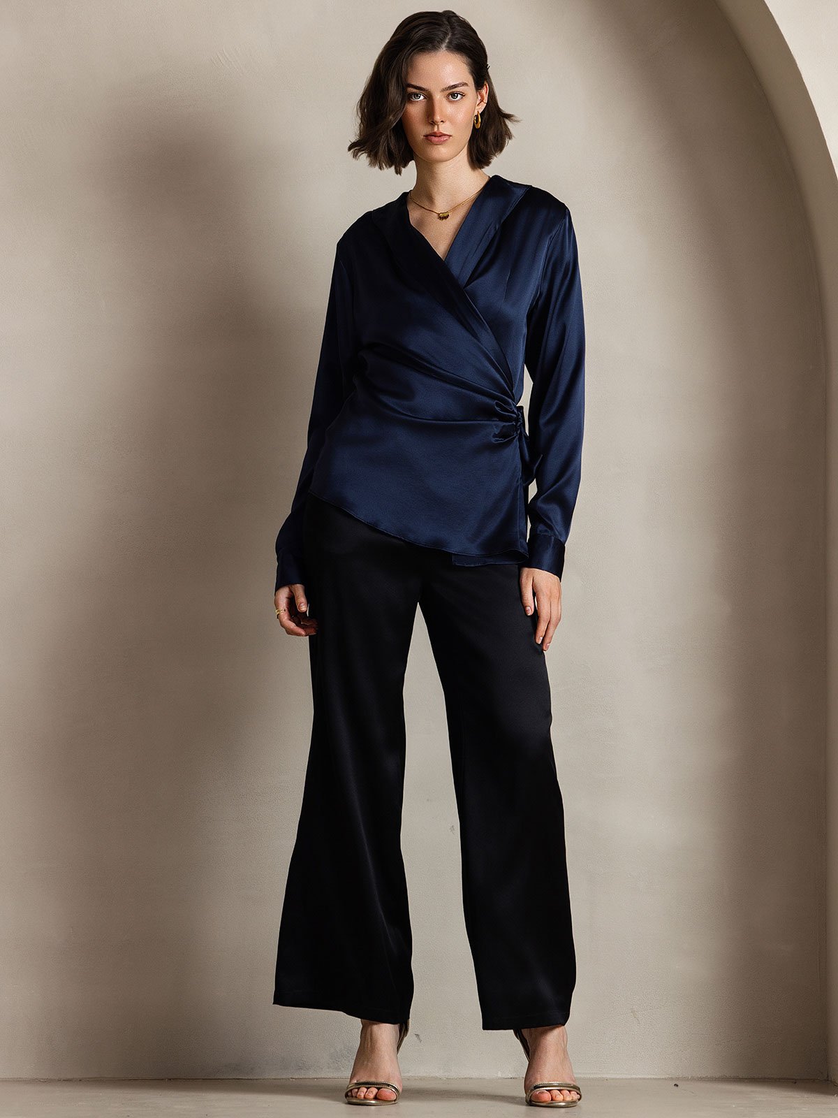 [Dark Blue] SilkSilky 19Momme Silk Long Sleeve V Neck Women's Shirt 005
