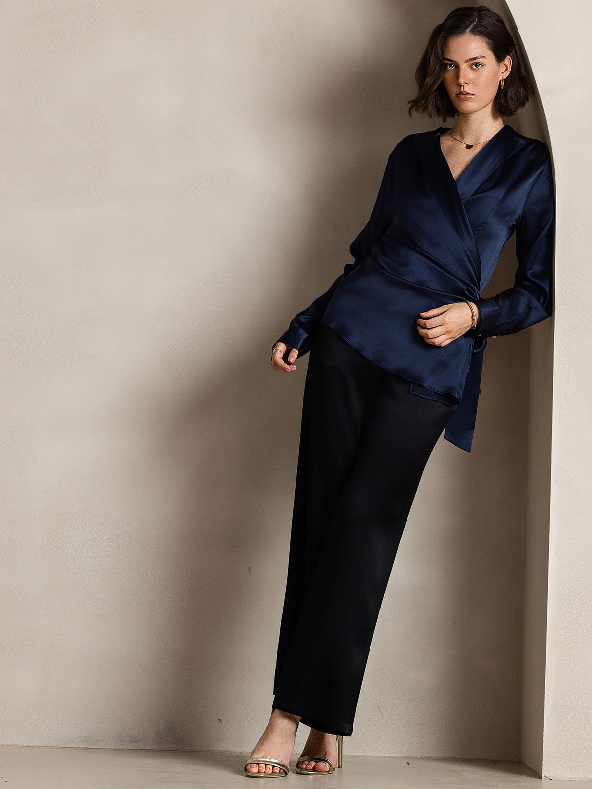 [Dark Blue] SilkSilky 19Momme Silk Long Sleeve V Neck Women's Shirt 008