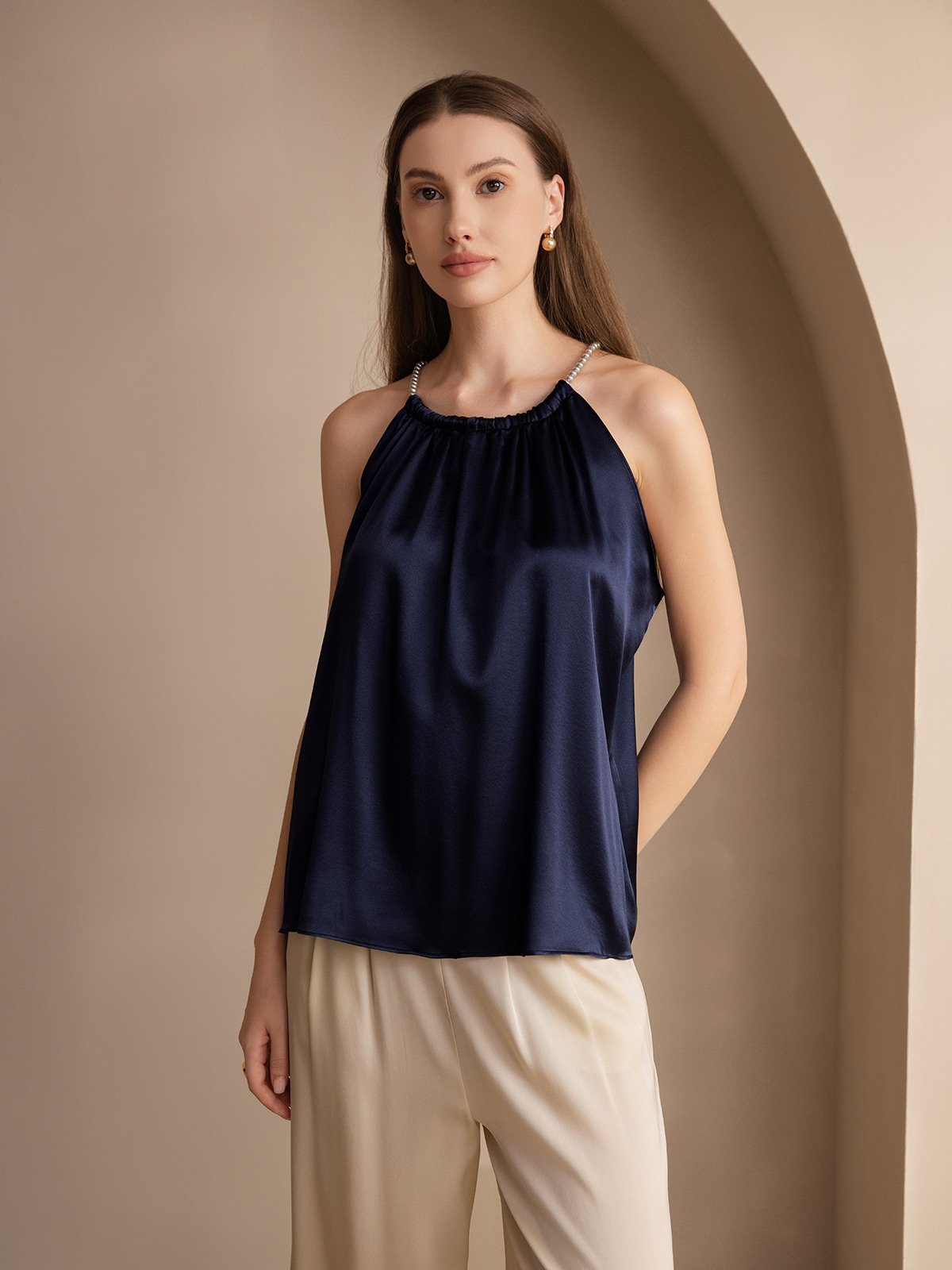 [Dark Blue] SilkSilky  19Momme Silk Round Neck Camisole Top 001