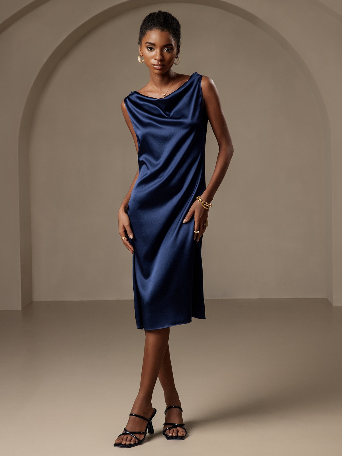 [Dark Blue] SilkSilky  19Momme Silk Sleeveless Cowl Neck Dress 001