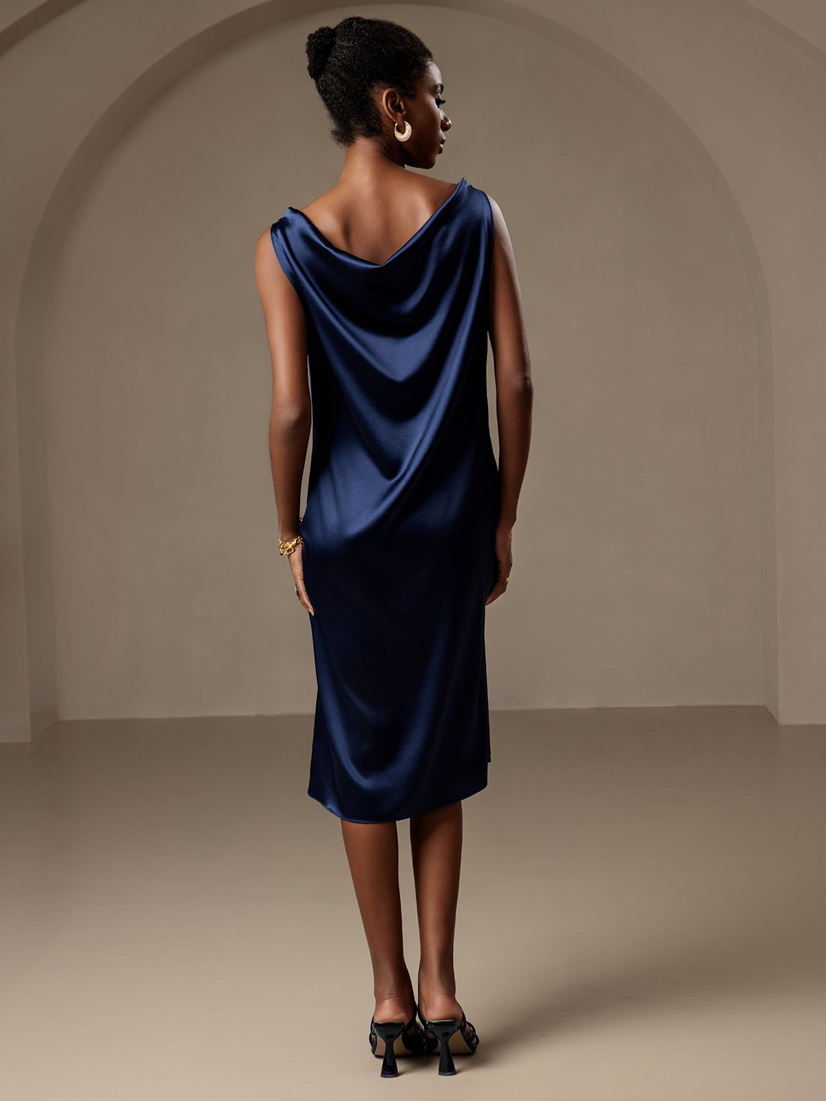 [Dark Blue] SilkSilky  19Momme Silk Sleeveless Cowl Neck Dress 002
