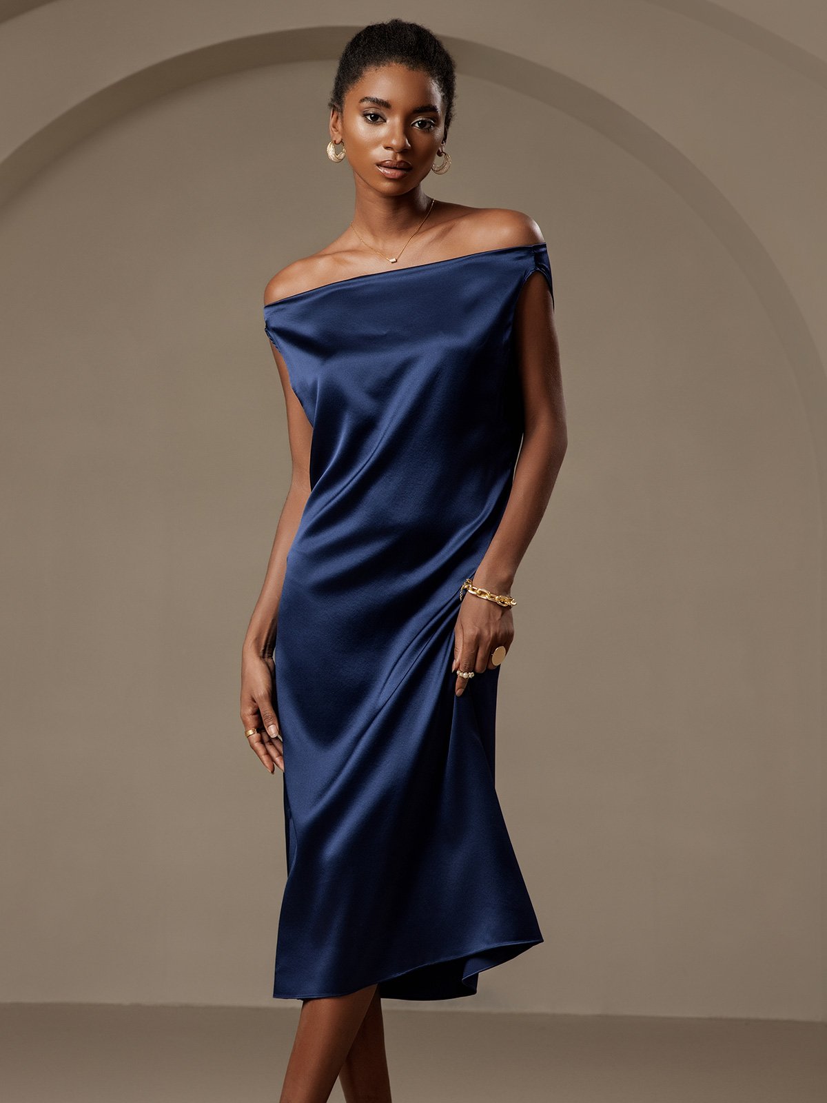 [Dark Blue] SilkSilky  19Momme Silk Sleeveless Cowl Neck Dress 003