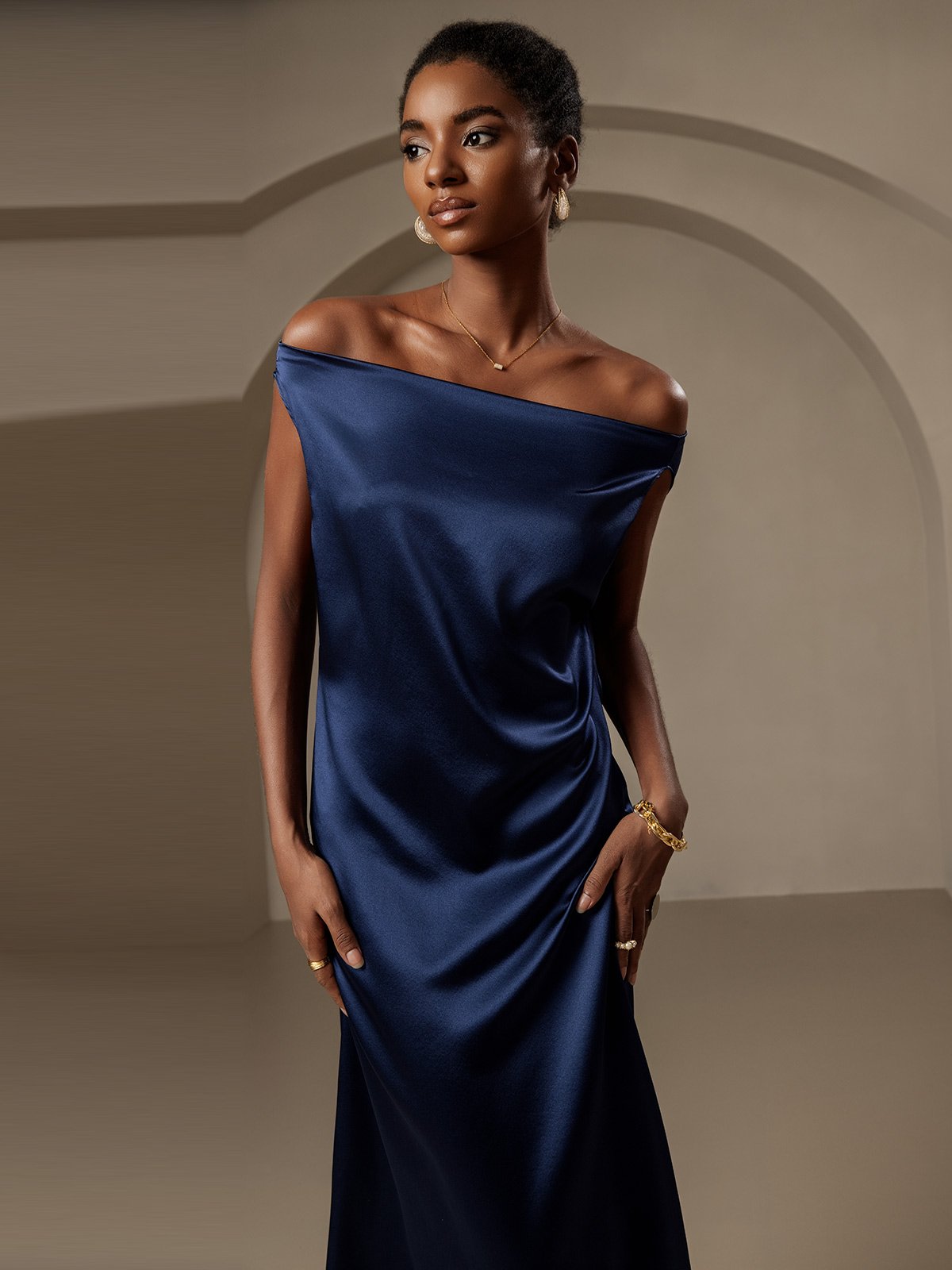 [Dark Blue] SilkSilky  19Momme Silk Sleeveless Cowl Neck Dress 004