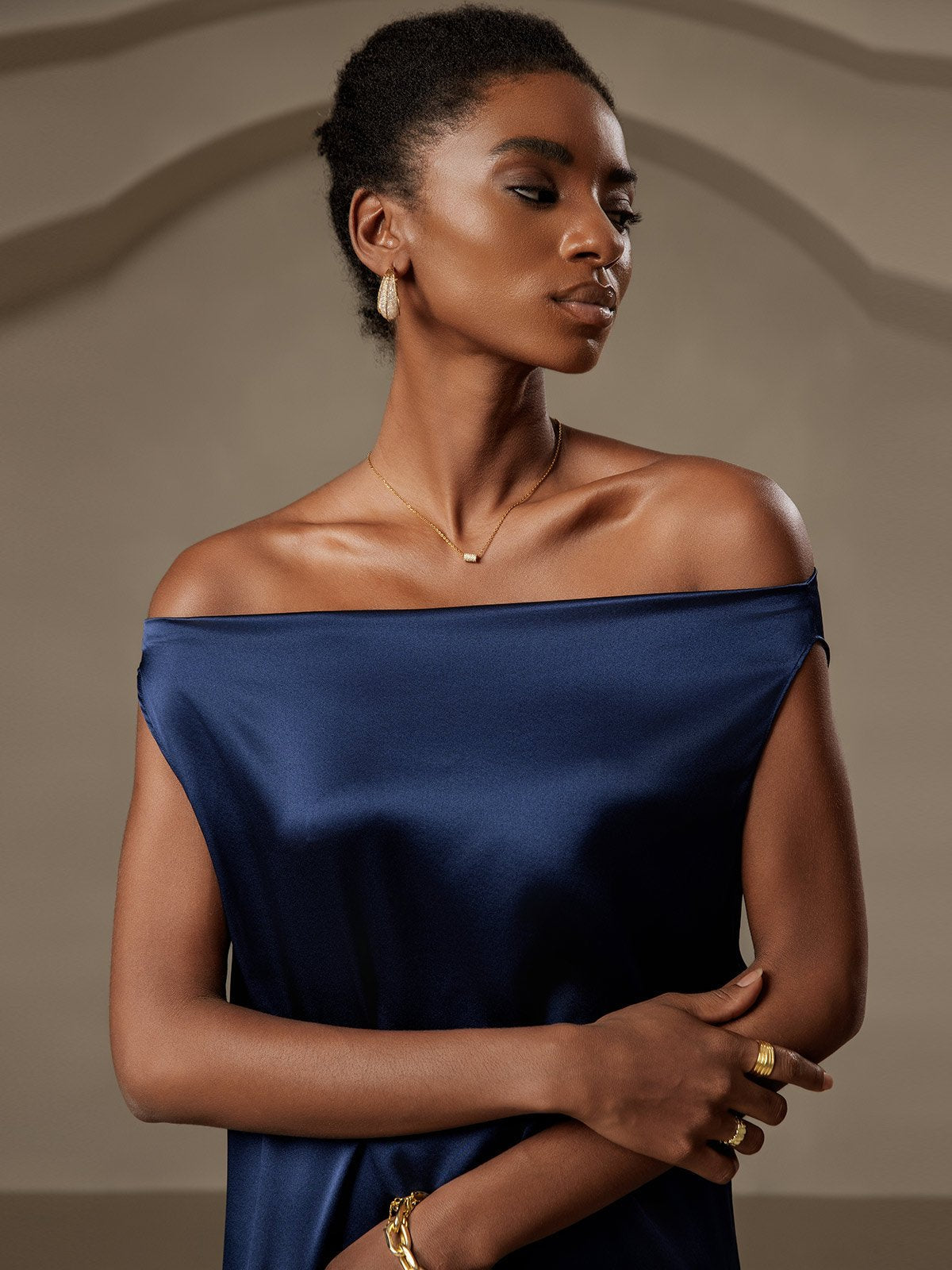 [Dark Blue] SilkSilky  19Momme Silk Sleeveless Cowl Neck Dress 005