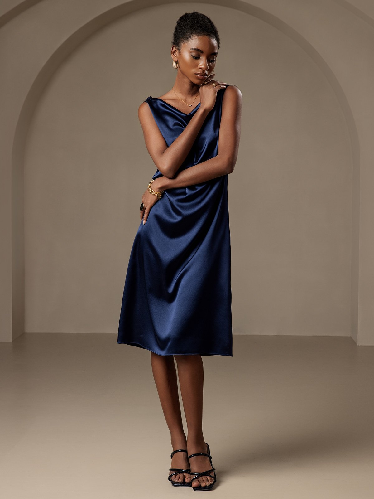 [Dark Blue] SilkSilky  19Momme Silk Sleeveless Cowl Neck Dress 006