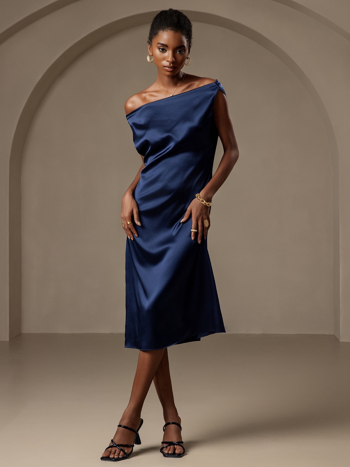 [Dark Blue] SilkSilky  19Momme Silk Sleeveless Cowl Neck Dress 007