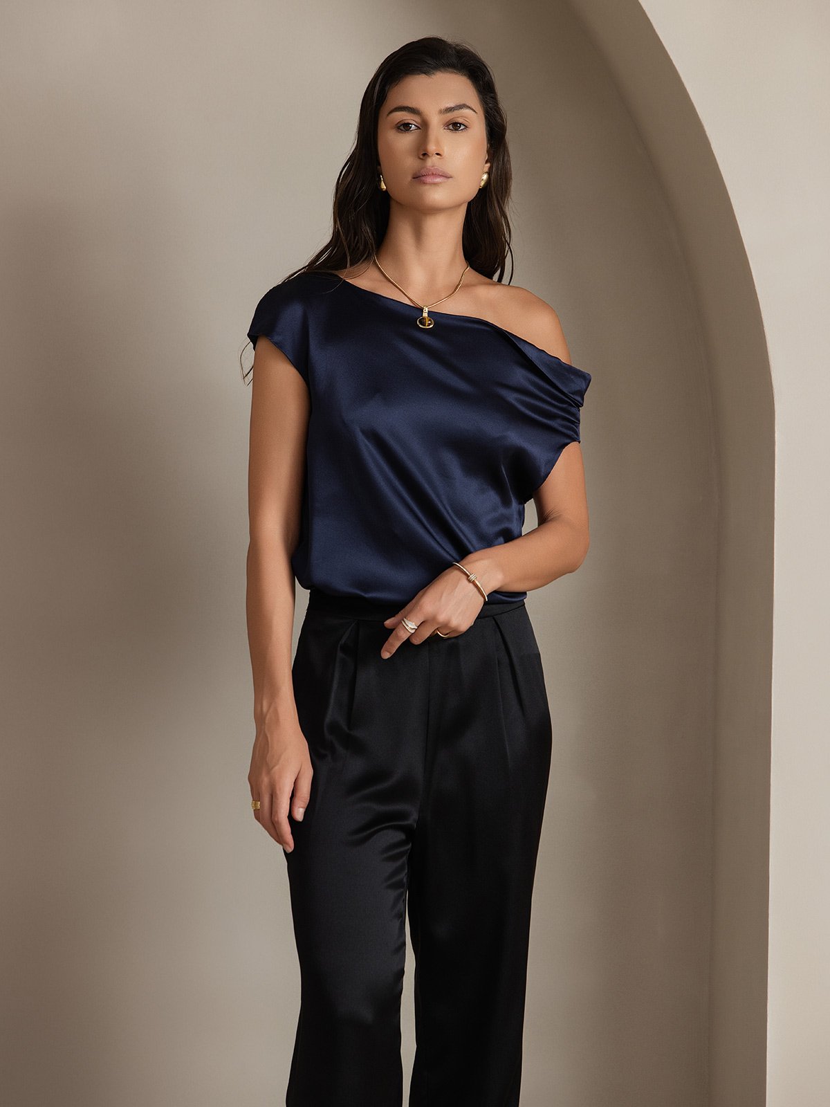 [Dark Blue] SilkSilky 19Momme Silk Sleeveless One Shoulder Women's T-Shirt 001