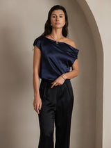 [Dark Blue] SilkSilky  Sleeveless One Shoulder Women's T-Shirt 001