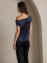 [Dark Blue] SilkSilky  Sleeveless One Shoulder Women's T-Shirt 002