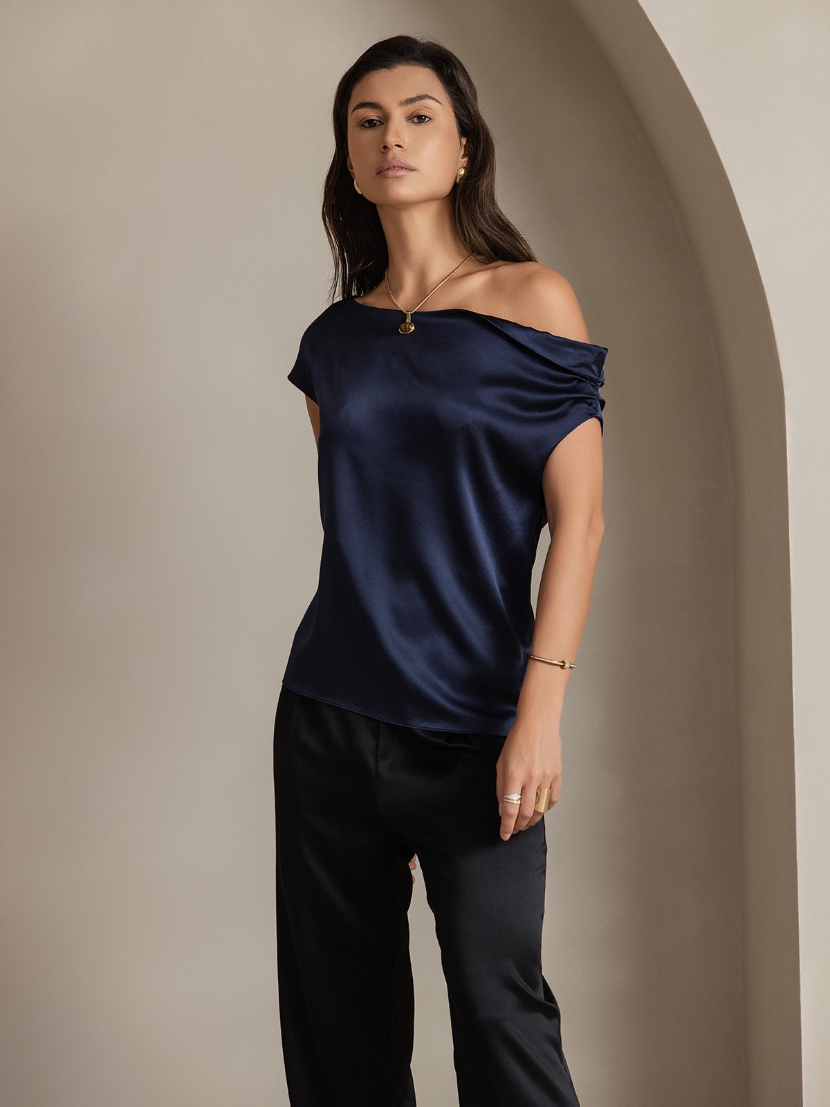 [Dark Blue] SilkSilky 19Momme Silk Sleeveless One Shoulder Women's T-Shirt 003