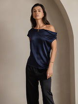 [Dark Blue] SilkSilky  Sleeveless One Shoulder Women's T-Shirt 003