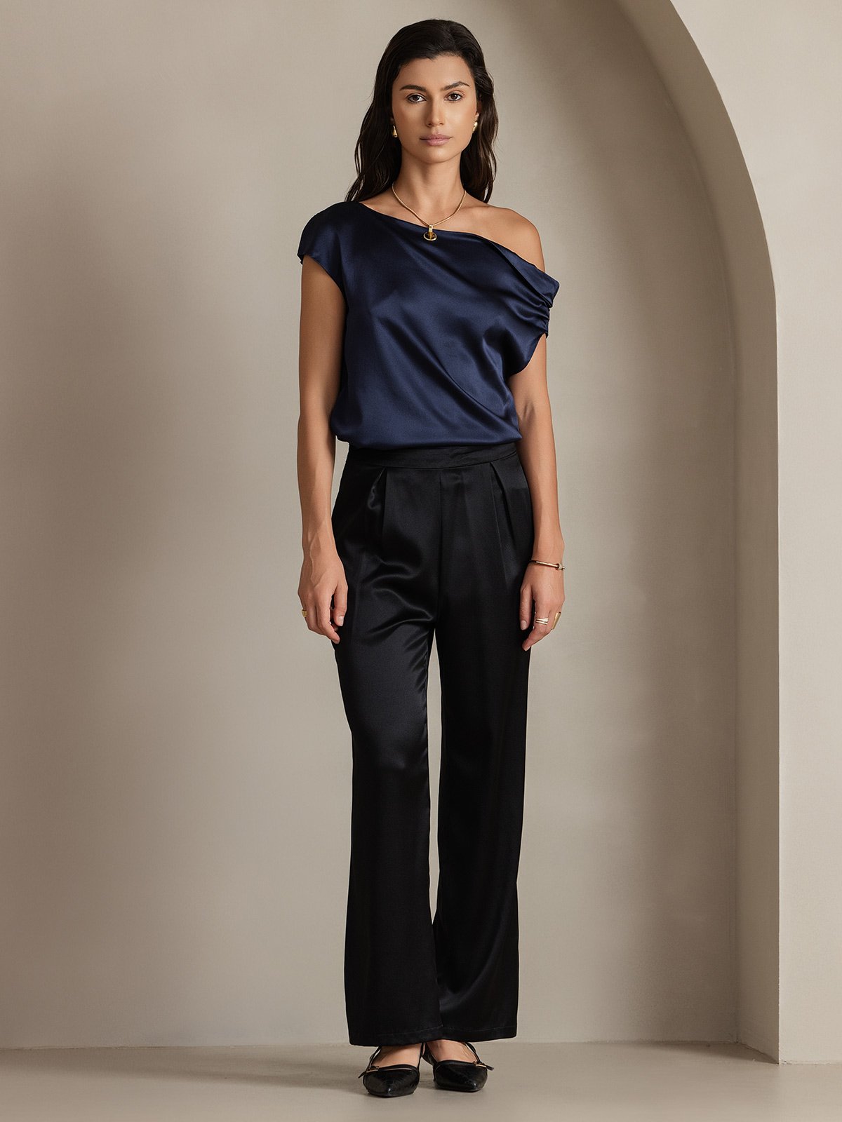 [Dark Blue] SilkSilky 19Momme Silk Sleeveless One Shoulder Women's T-Shirt 006