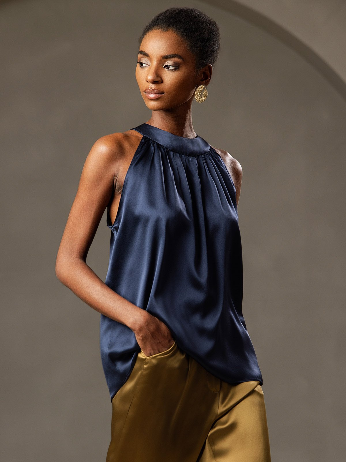 [Dark Blue] SilkSilky 19Momme Silk Sleeveless Womens T-Shirt 001