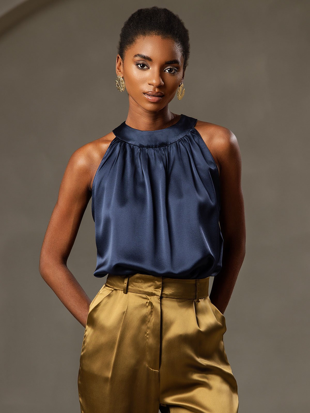 [Dark Blue] SilkSilky 19Momme Silk Sleeveless Womens T-Shirt 003