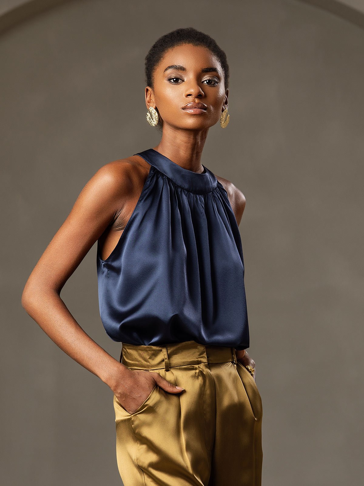 [Dark Blue] SilkSilky 19Momme Silk Sleeveless Womens T-Shirt 004