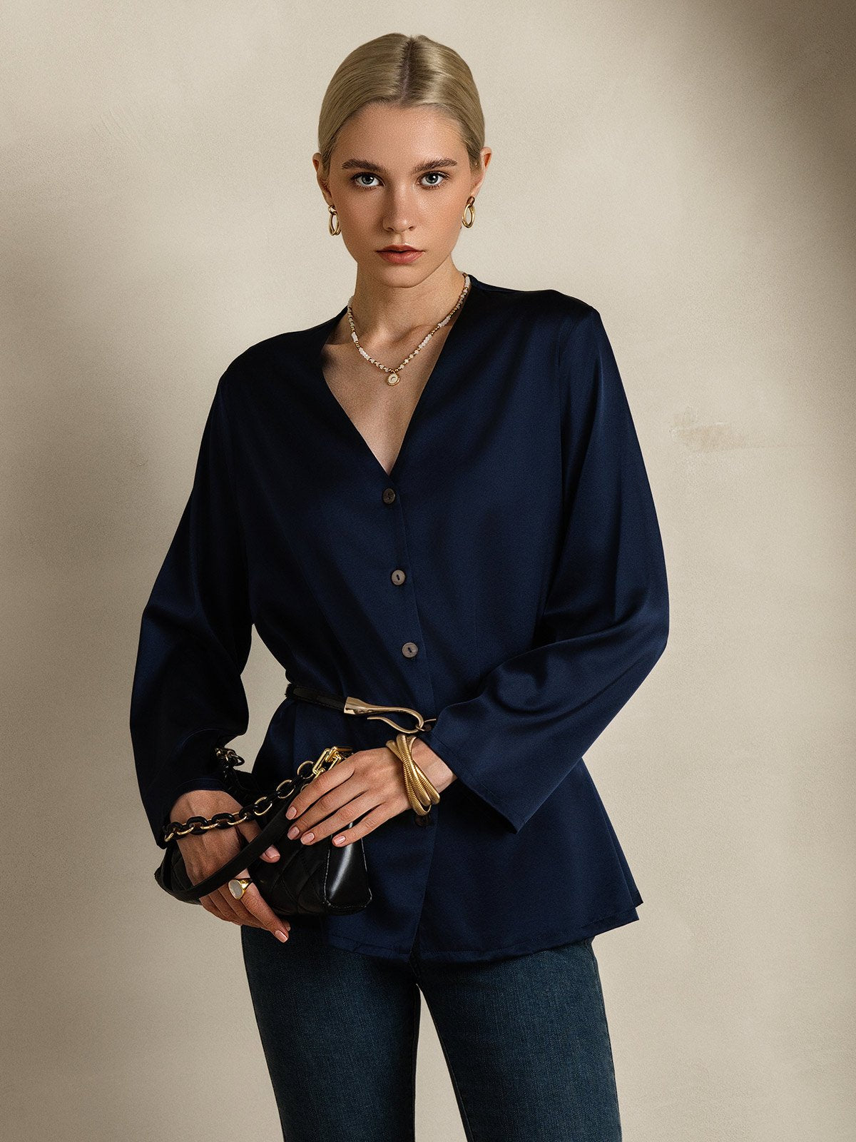 [Dark Blue] SilkSilky  19Momme Silk V Neck Women's Shirt 001