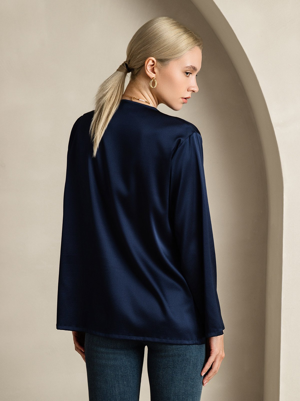 [Dark Blue] SilkSilky  19Momme Silk V Neck Women's Shirt 002