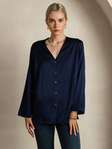[Dark Blue] SilkSilky  19Momme Long Sleeve V Neck Blouse 003