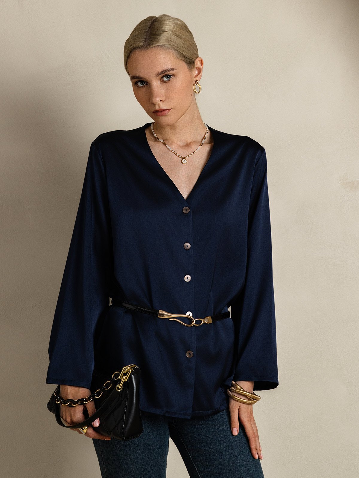[Dark Blue] SilkSilky  19Momme Silk V Neck Women's Shirt 004