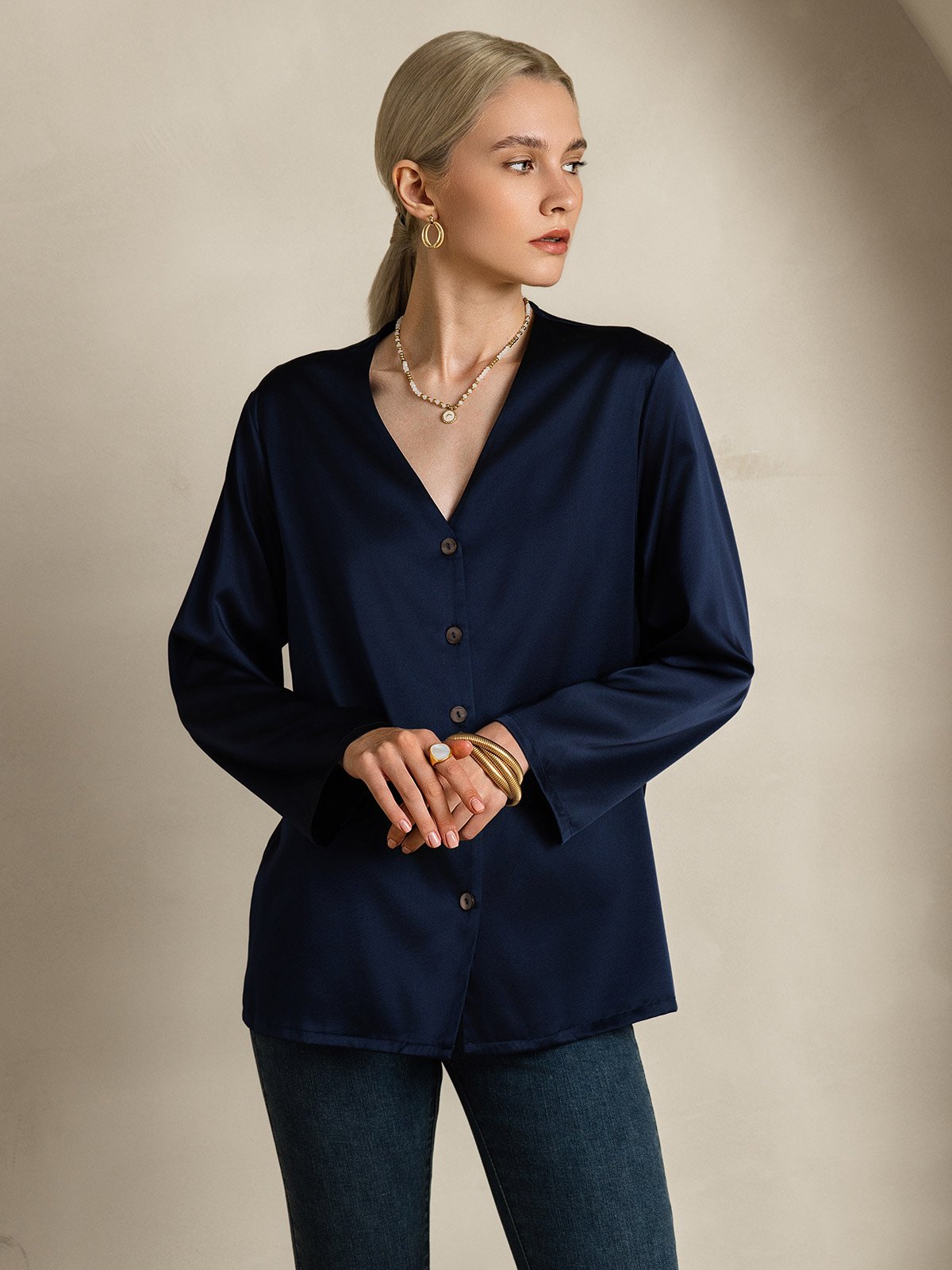 [Dark Blue] SilkSilky  19Momme Silk V Neck Women's Shirt 005