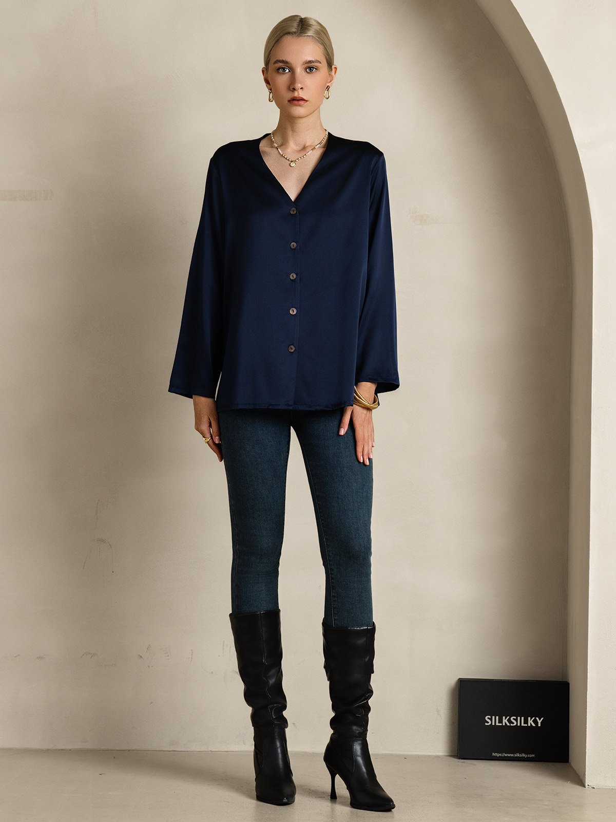 [Dark Blue] SilkSilky  19Momme Silk V Neck Women's Shirt 006